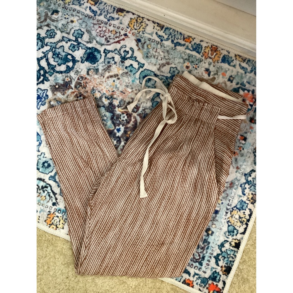 Free People Striped Tapered Pants SZ 4 Brown‎ Cream Excellent Cotton Drawstring